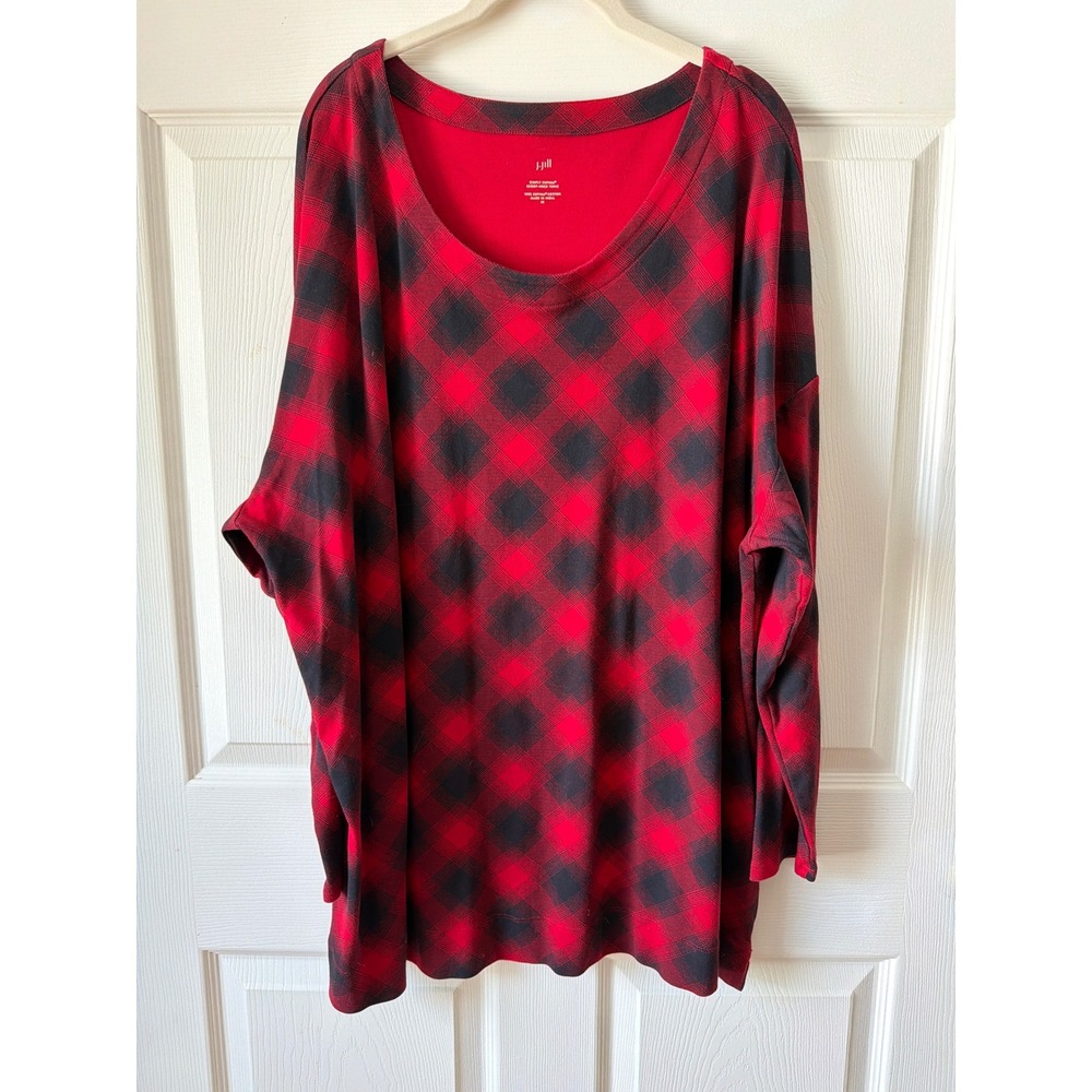 J. Jill Scoop Neck Tunic Women 3X Red Black Buffalo Plaid Supima Cotton Top